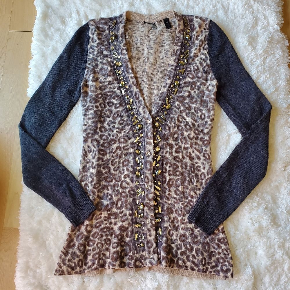 BKE‎ Boutique Sweater Cardigan Cheetah Print Wool Blend Size Medium
